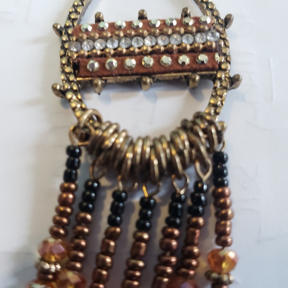 BRONZE & GOLDEN BEADED TASSEL FAUX RHINESTONE BOHO CHIC BOHEMIAN FESTIVAL EARRIN - Picture 9 of 13